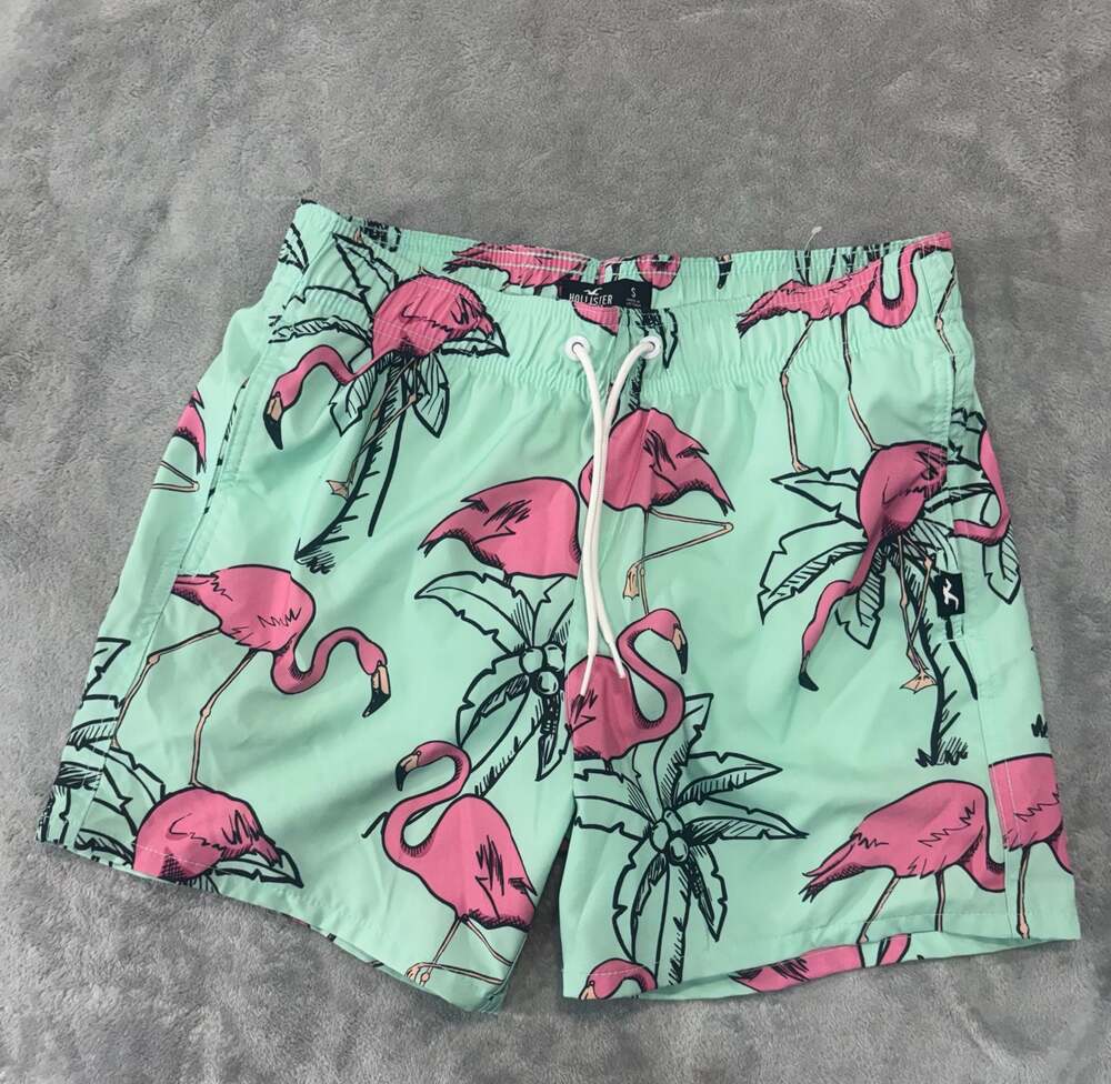Hollister Flamingo & Palm Tree Print Mint Green Mesh Lined Swim Trunks Size S